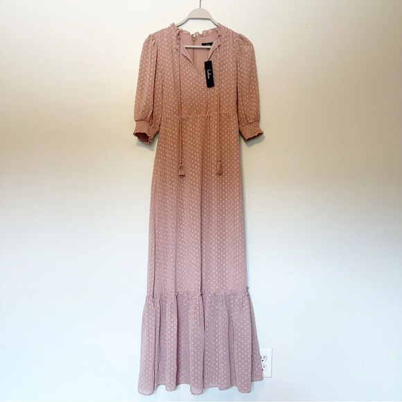 Lulus NWT Sweet Inspiration Mauve Pink Ruffled Maxi Dress Size Small Lined - Picture 3 of 11